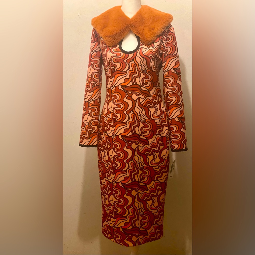 Orange geo-print midi dress with detachable fur collar.